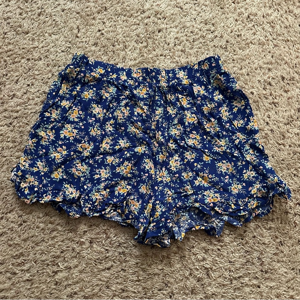 NWT American Eagle Women's Small Blue Floral Ruffle Shorts Elastic Waist Comfy